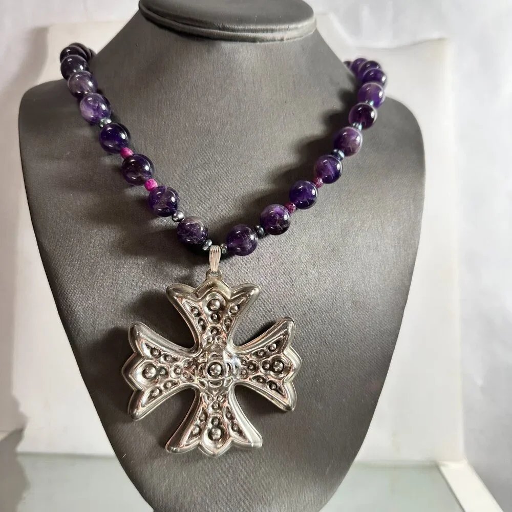 Maltese Cross Sterling Silver Genuine Ruby Tahitian Pearls Amethyst Necklace 925